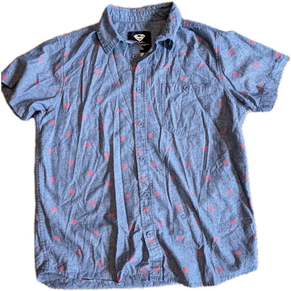 Superman All Over Print Short Sleeve Button Down Shirt Mens Size M Blue Red